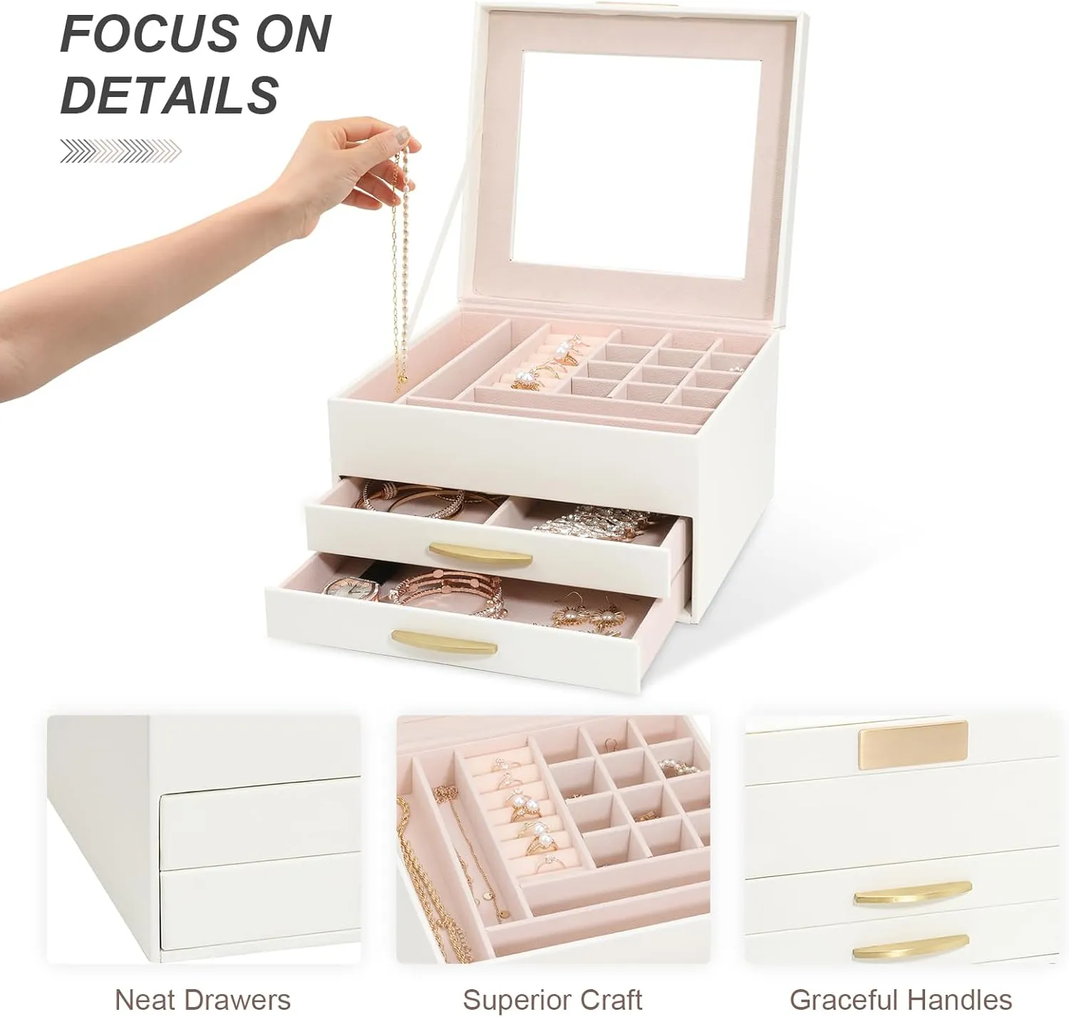 with Glass Lid, Women Jewelry Box White Jewelry Case evoke 3-Layer with 2 Drawers, Jewelry Organizer Jewelry Box, Glass Lid White Jewelry Organizer Box 