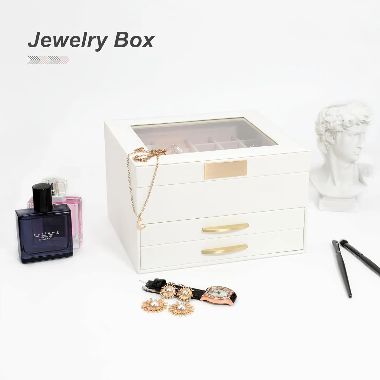 with Glass Lid, Women Jewelry Box White Jewelry Case evoke 3-Layer with 2 Drawers, Jewelry Organizer Jewelry Box, Glass Lid White Jewelry Organizer Box 