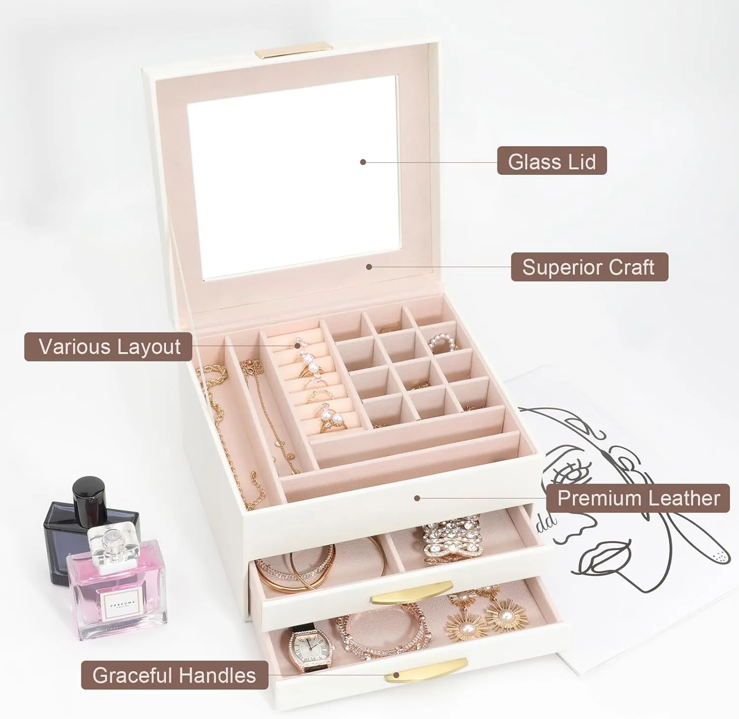 with Glass Lid, Women Jewelry Box White Jewelry Case evoke 3-Layer with 2 Drawers, Jewelry Organizer Jewelry Box, Glass Lid White Jewelry Organizer Box 