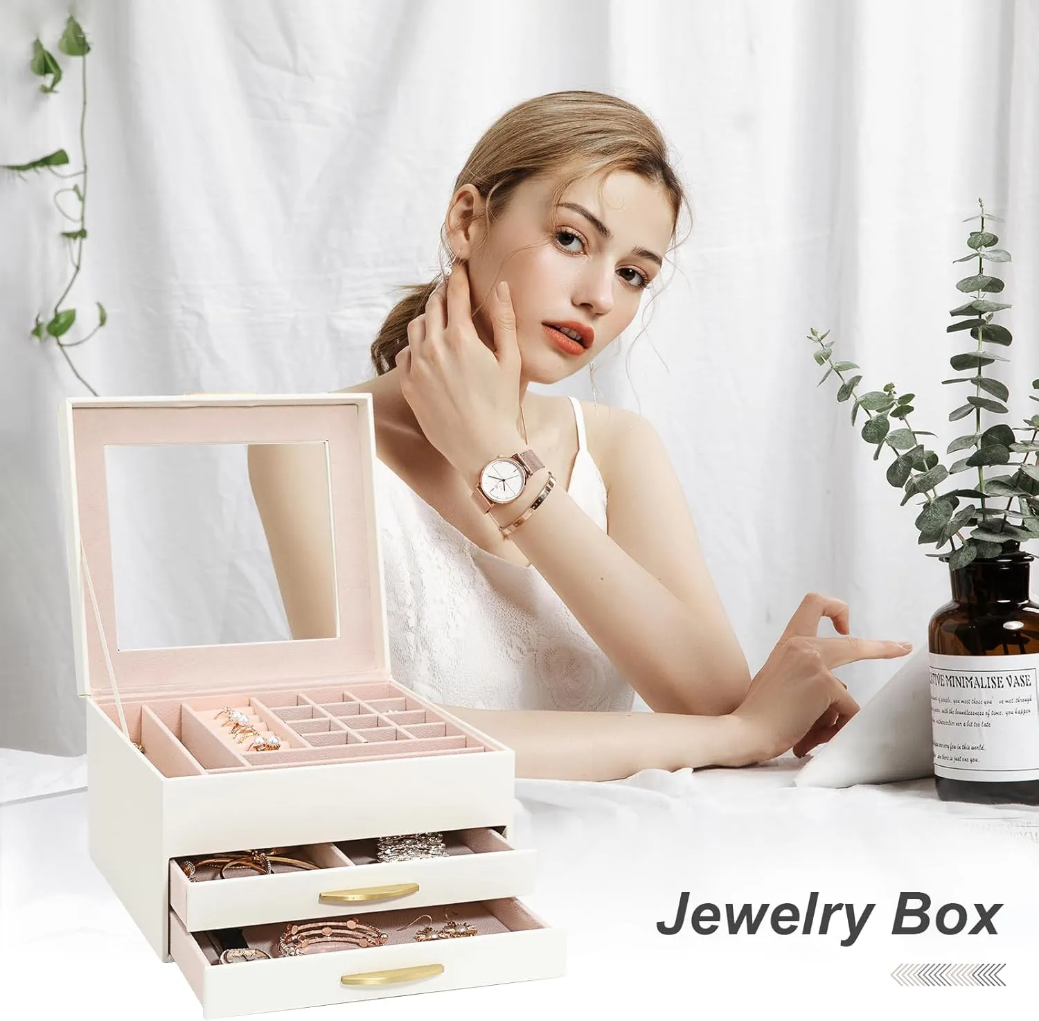 with Glass Lid, Women Jewelry Box White Jewelry Case evoke 3-Layer with 2 Drawers, Jewelry Organizer Jewelry Box, Glass Lid White Jewelry Organizer Box 
