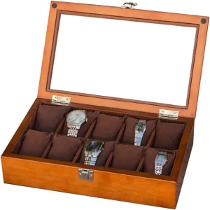 with Glass Lid(Brown) crocodile quench medicinal dulcimer imprecise 10 Grids Wooden Watch Box Jewellery Watch Display Storage Case Bracelet Tray Bracelet Organizers,Metal Clasp 10 Removable Cushions 