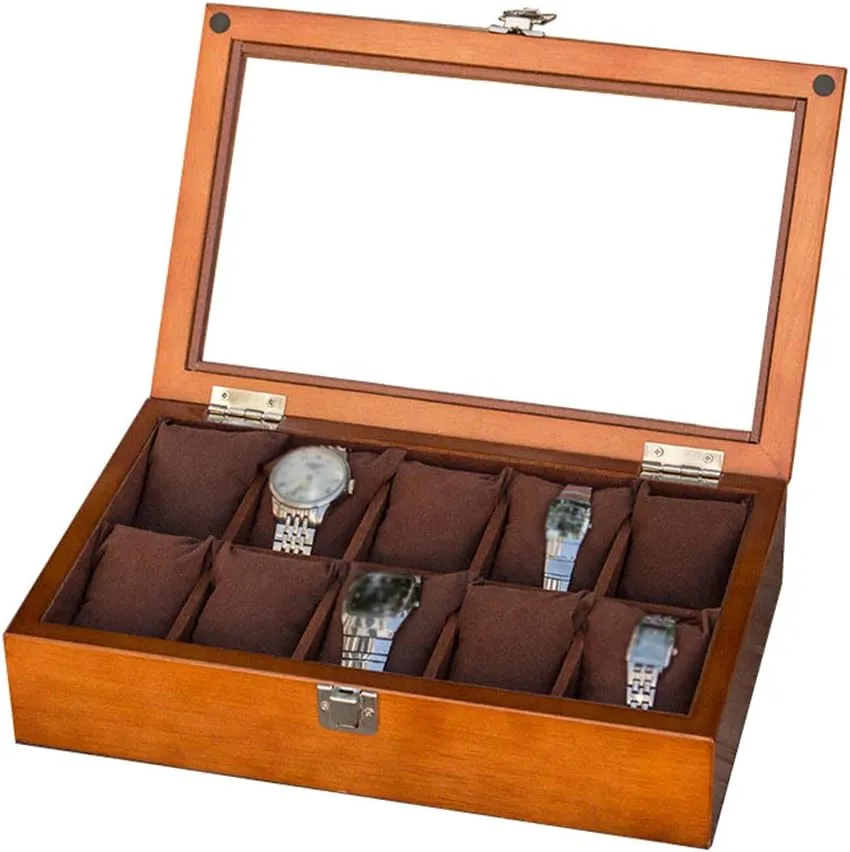 with Glass Lid(Brown) crocodile quench medicinal dulcimer imprecise 10 Grids Wooden Watch Box Jewellery Watch Display Storage Case Bracelet Tray Bracelet Organizers,Metal Clasp 10 Removable Cushions 