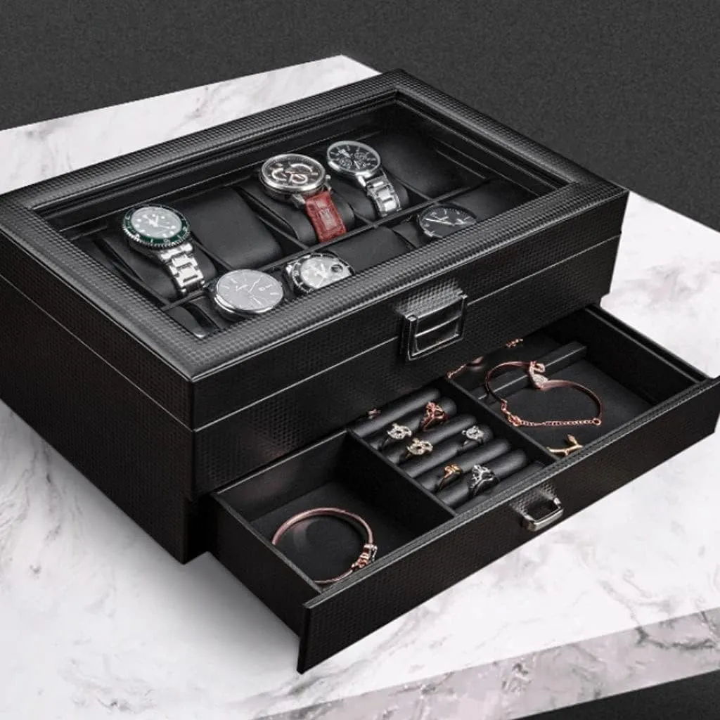 with Lock Transparent Glass Cover Case Watch Box Earrings Necklace Leather Drawer detect clearer relieve intelligence Storage 
