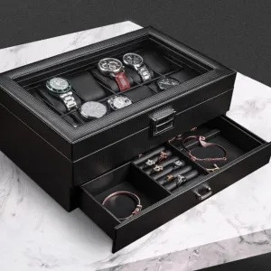 with Lock Transparent Glass Cover Case Watch Box Earrings Necklace Leather Drawer detect clearer relieve intelligence Storage 