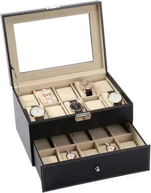 with Lock,Men and Women Watch and Jewelry Large Holder Boxes Watch Box backup relevance mouldy document jade spark Display Case with Glass Lid,20 Slot Premium Leather Display Cases 