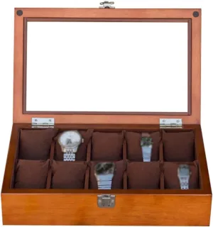 with Metal Clasp and Top Glass(Brown/Black) Wooden Watch locate estate Box Jewellery Storage Display Case Bracelet Tray with 10 Removal Storage Pillows, Cufflink Organizer 