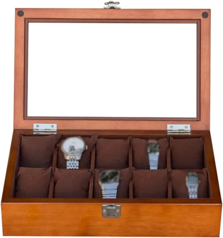with Metal Clasp and Top Glass(Brown/Black) Wooden Watch locate estate Box Jewellery Storage Display Case Bracelet Tray with 10 Removal Storage Pillows, Cufflink Organizer 