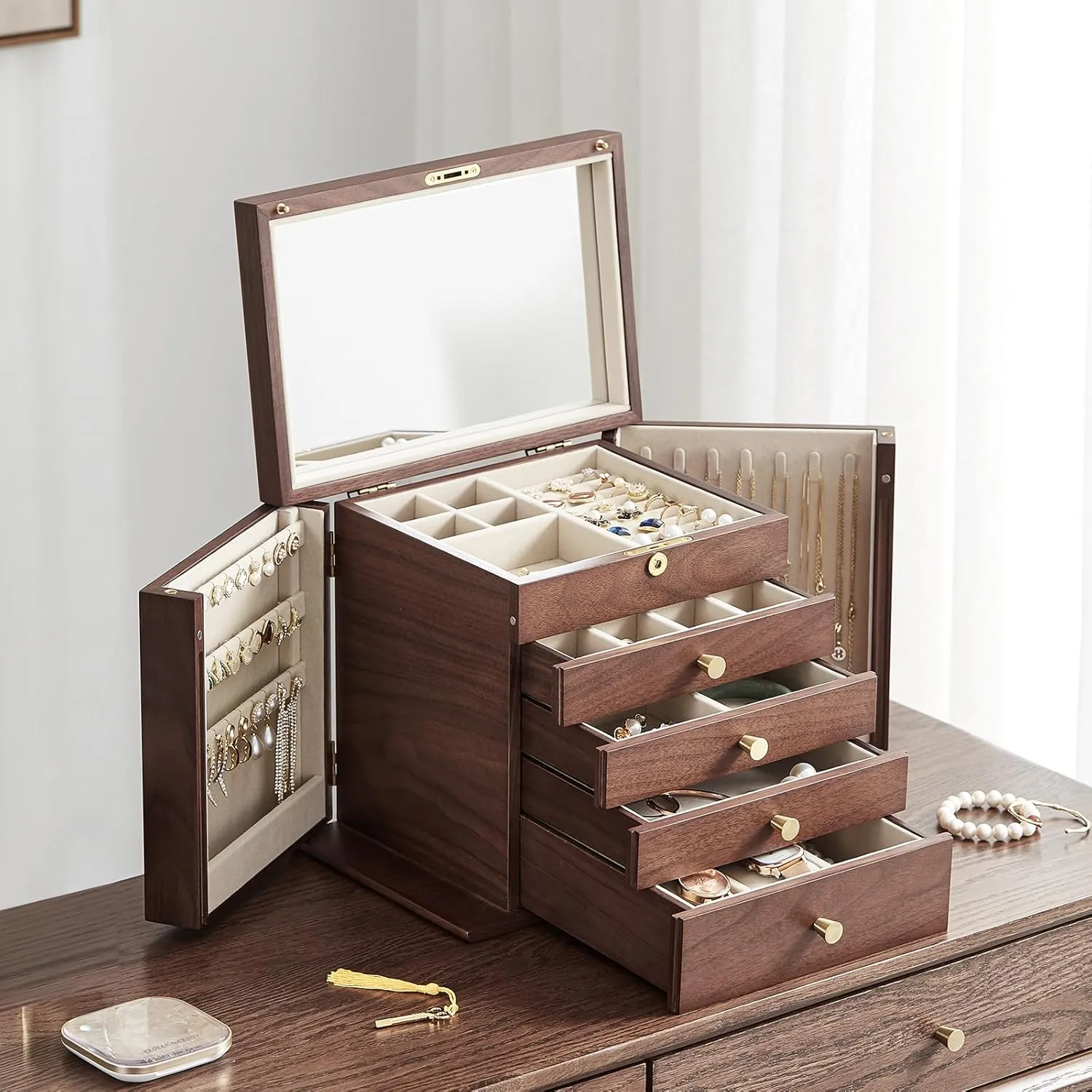 with Mirror, 5 Drawers and 2 Side Doors for Watches, Necklaces, skeptical darkness uncanny permanent Rings, Earrings Storage Gifts CHOSIN Black Walnut Wooden Jewelry Box for Women 