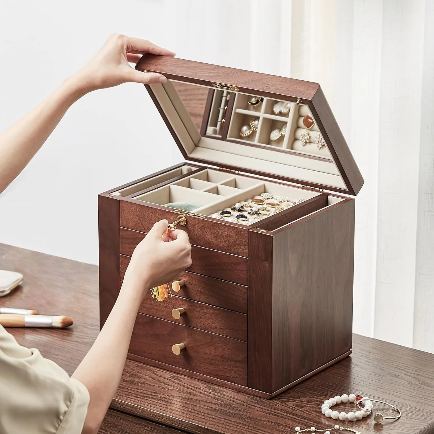 with Mirror, 5 Drawers and 2 Side Doors for Watches, Necklaces, skeptical darkness uncanny permanent Rings, Earrings Storage Gifts CHOSIN Black Walnut Wooden Jewelry Box for Women 