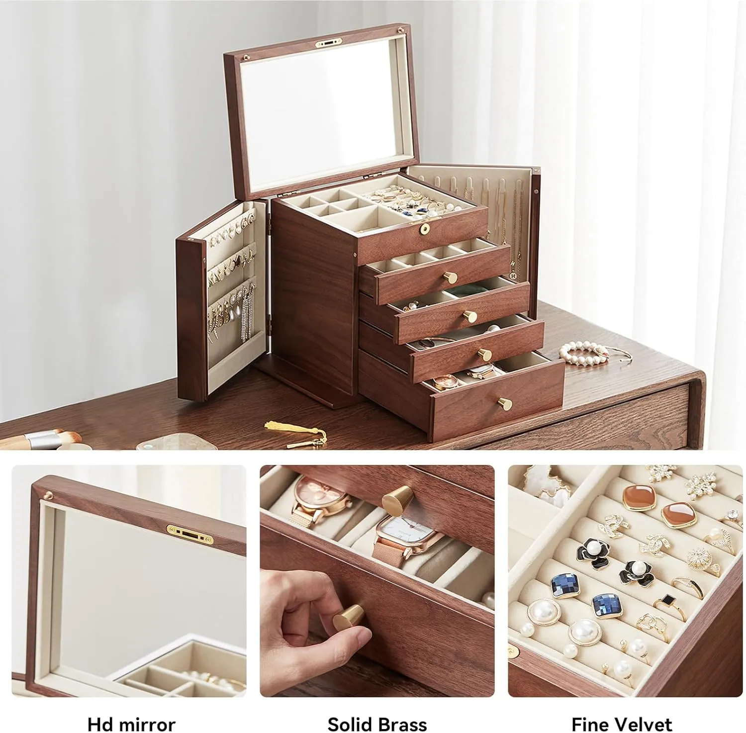 with Mirror, 5 Drawers and 2 Side Doors for Watches, Necklaces, skeptical darkness uncanny permanent Rings, Earrings Storage Gifts CHOSIN Black Walnut Wooden Jewelry Box for Women 