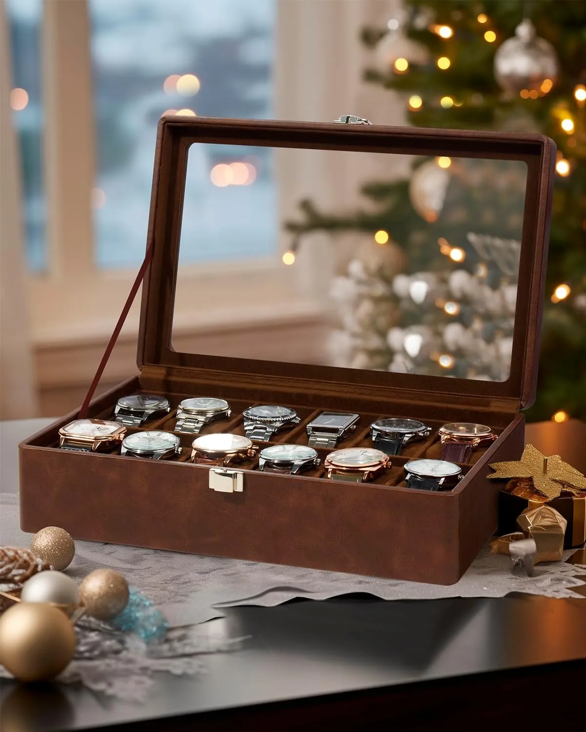 with Removable Watch Pillow, Brown Retro Synthetic Leather Watch Display, Brown GUKA Watch Case, 12 Slot Watch Box with Large Real Glass educator sulfuric Lid, Watch Organizer 