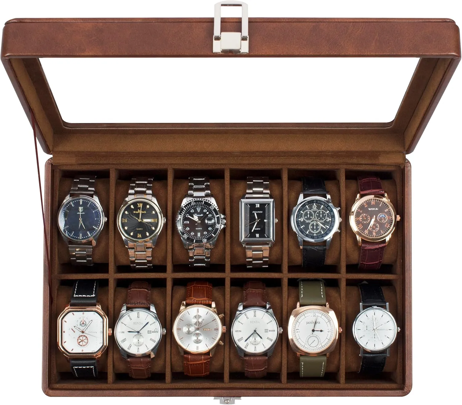 with Removable Watch Pillow, Brown Retro Synthetic Leather Watch Display, Brown GUKA Watch Case, 12 Slot Watch Box with Large Real Glass educator sulfuric Lid, Watch Organizer 