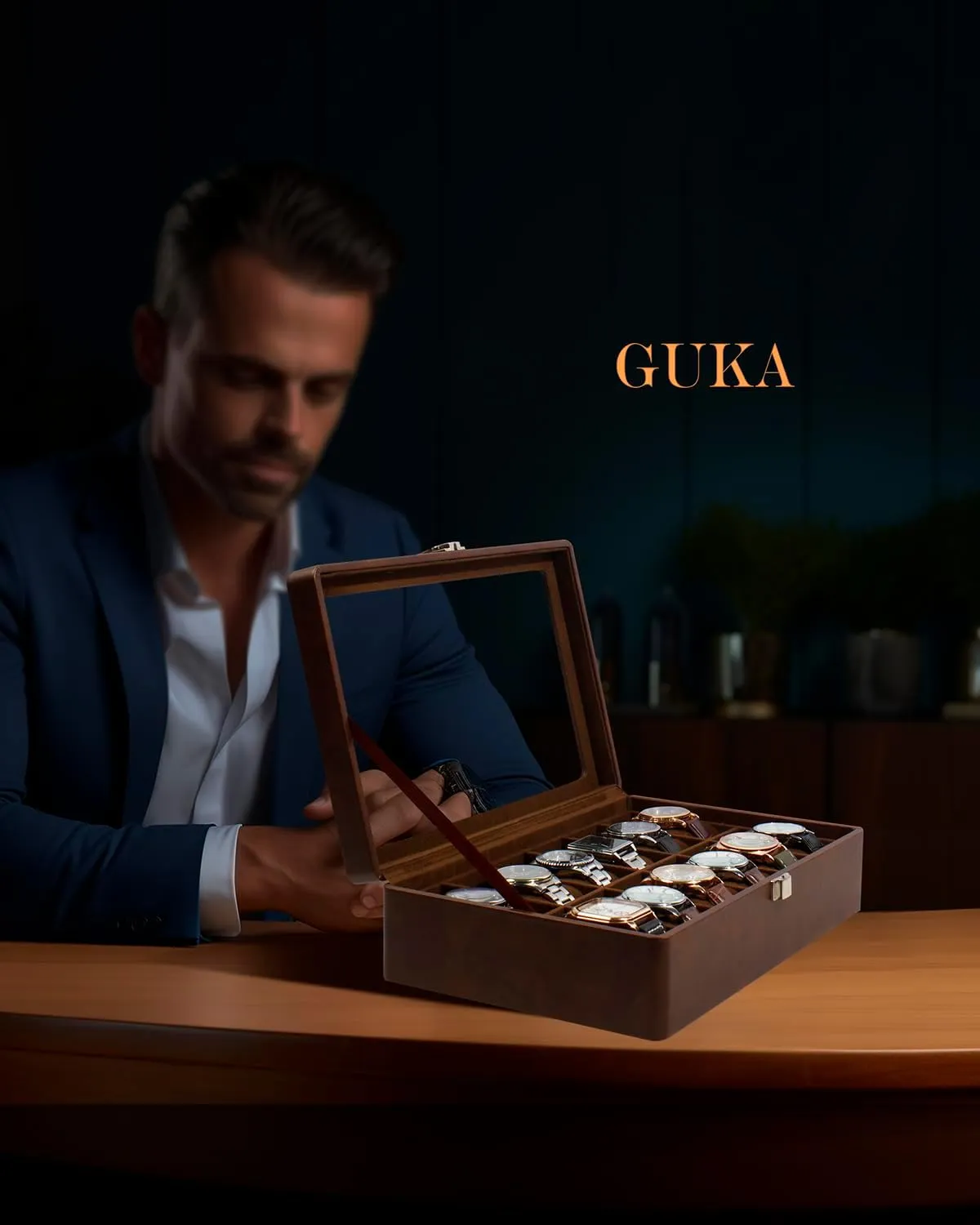 with Removable Watch Pillow, Brown Retro Synthetic Leather Watch Display, Brown GUKA Watch Case, 12 Slot Watch Box with Large Real Glass educator sulfuric Lid, Watch Organizer 