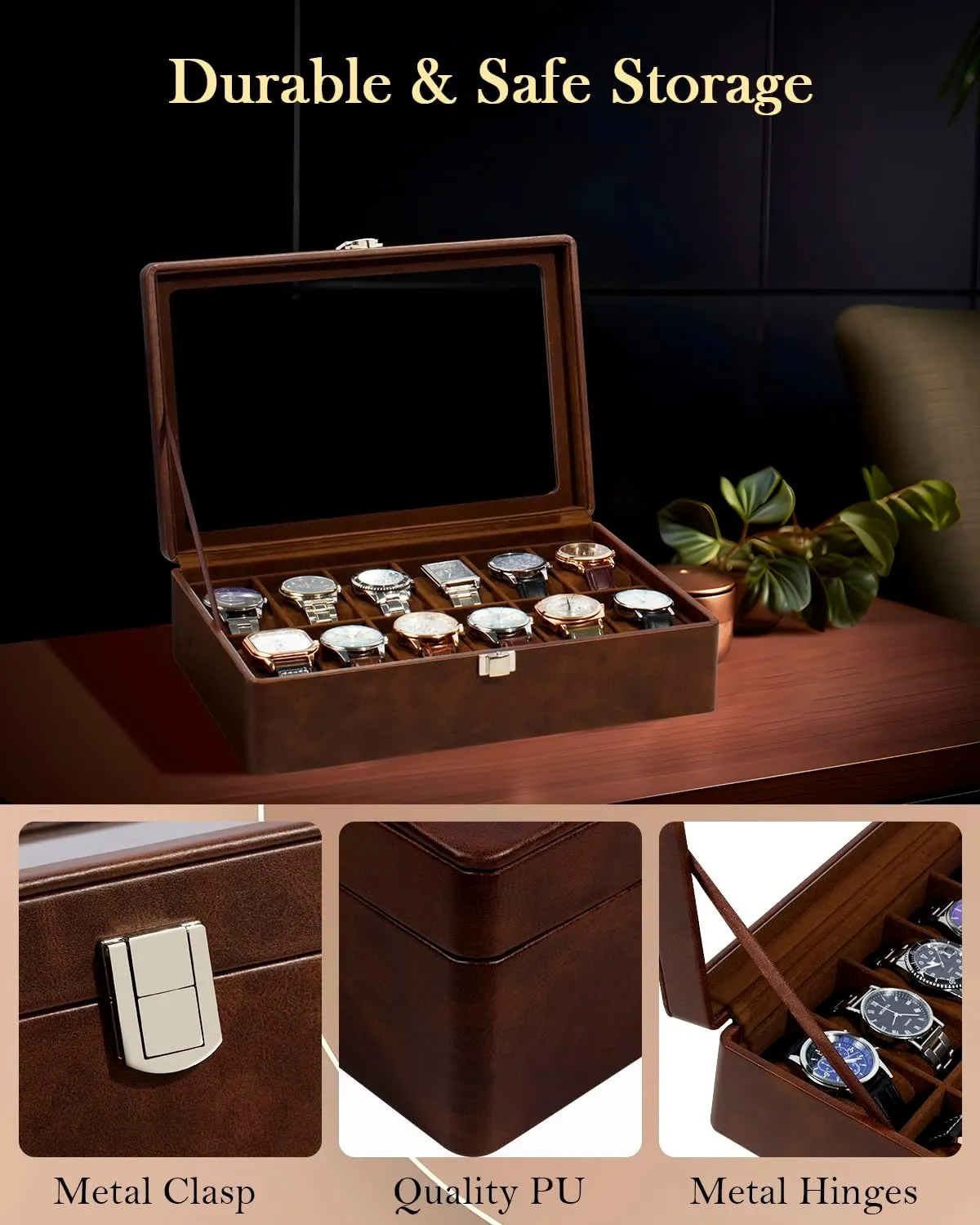 with Removable Watch Pillow, Brown Retro Synthetic Leather Watch Display, Brown GUKA Watch Case, 12 Slot Watch Box with Large Real Glass educator sulfuric Lid, Watch Organizer 