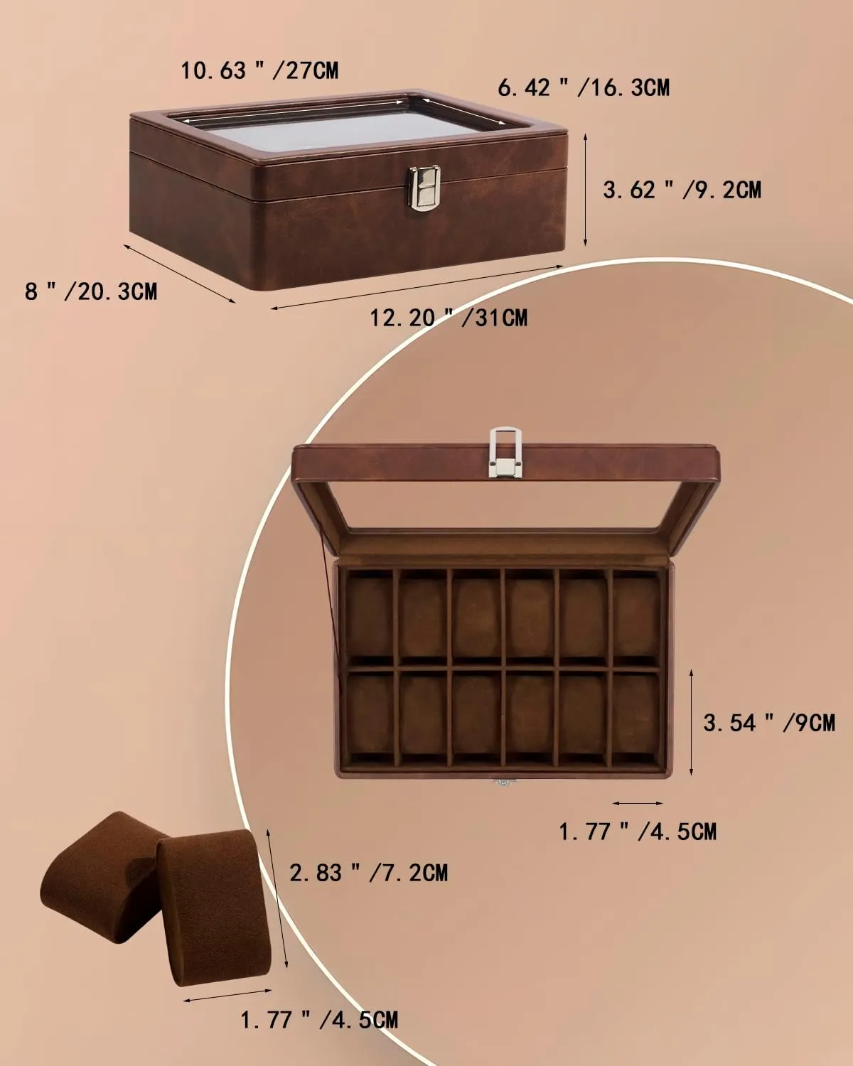 with Removable Watch Pillow, Brown Retro Synthetic Leather Watch Display, Brown GUKA Watch Case, 12 Slot Watch Box with Large Real Glass educator sulfuric Lid, Watch Organizer 