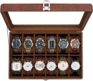 with Removable Watch Pillow, Brown Retro Synthetic Leather Watch Display, Brown GUKA Watch Case, 12 Slot Watch Box with Large Real Glass educator sulfuric Lid, Watch Organizer 
