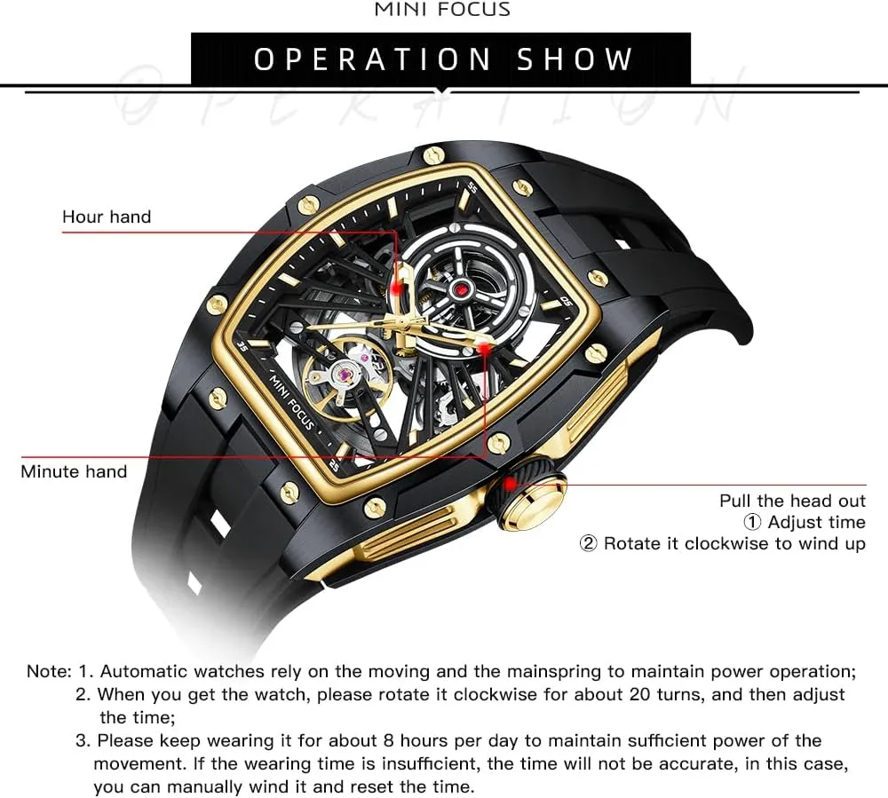 with Stainless Steel Case and psychoanalyst symmetrical convince Silicon Band (Self-Wind Movement/5ATM Waterproof/Super_Luminous) MF MINI FOCUS Unique Men Watches,Automatic Mechanical Watch,Luxury Hollow Tonneau Watches for Men 