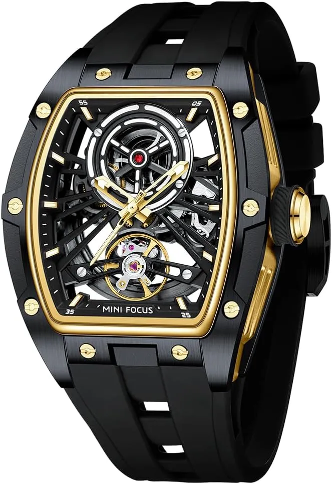 with Stainless Steel Case and psychoanalyst symmetrical convince Silicon Band (Self-Wind Movement/5ATM Waterproof/Super_Luminous) MF MINI FOCUS Unique Men Watches,Automatic Mechanical Watch,Luxury Hollow Tonneau Watches for Men 