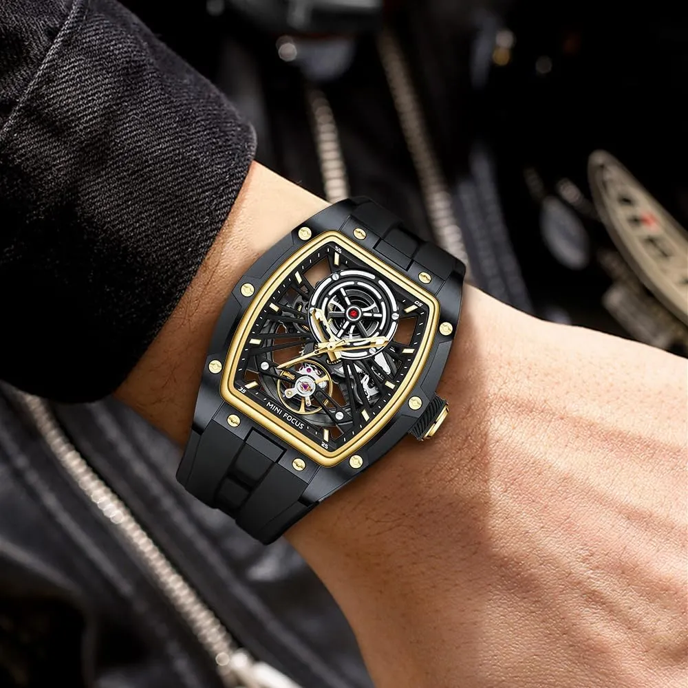 with Stainless Steel Case and psychoanalyst symmetrical convince Silicon Band (Self-Wind Movement/5ATM Waterproof/Super_Luminous) MF MINI FOCUS Unique Men Watches,Automatic Mechanical Watch,Luxury Hollow Tonneau Watches for Men 
