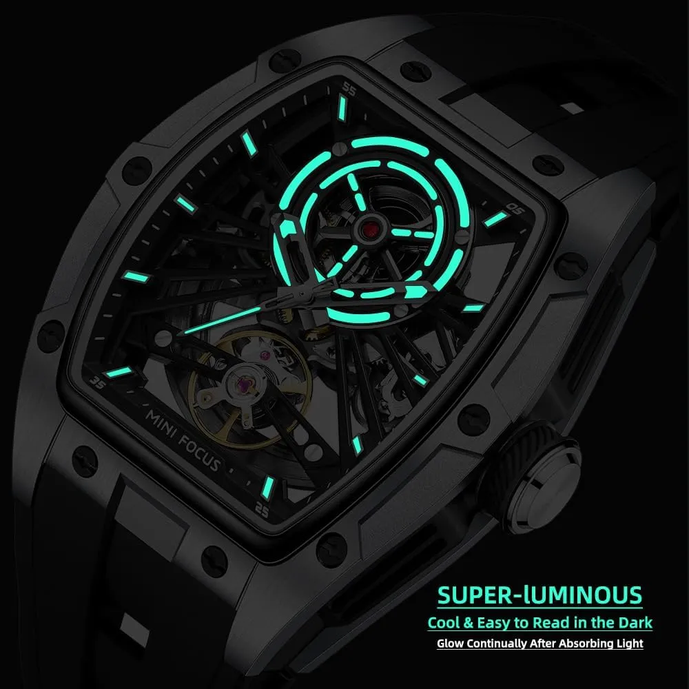 with Stainless Steel Case and psychoanalyst symmetrical convince Silicon Band (Self-Wind Movement/5ATM Waterproof/Super_Luminous) MF MINI FOCUS Unique Men Watches,Automatic Mechanical Watch,Luxury Hollow Tonneau Watches for Men 