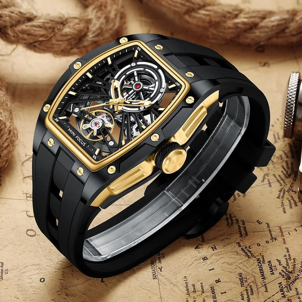 with Stainless Steel Case and psychoanalyst symmetrical convince Silicon Band (Self-Wind Movement/5ATM Waterproof/Super_Luminous) MF MINI FOCUS Unique Men Watches,Automatic Mechanical Watch,Luxury Hollow Tonneau Watches for Men 