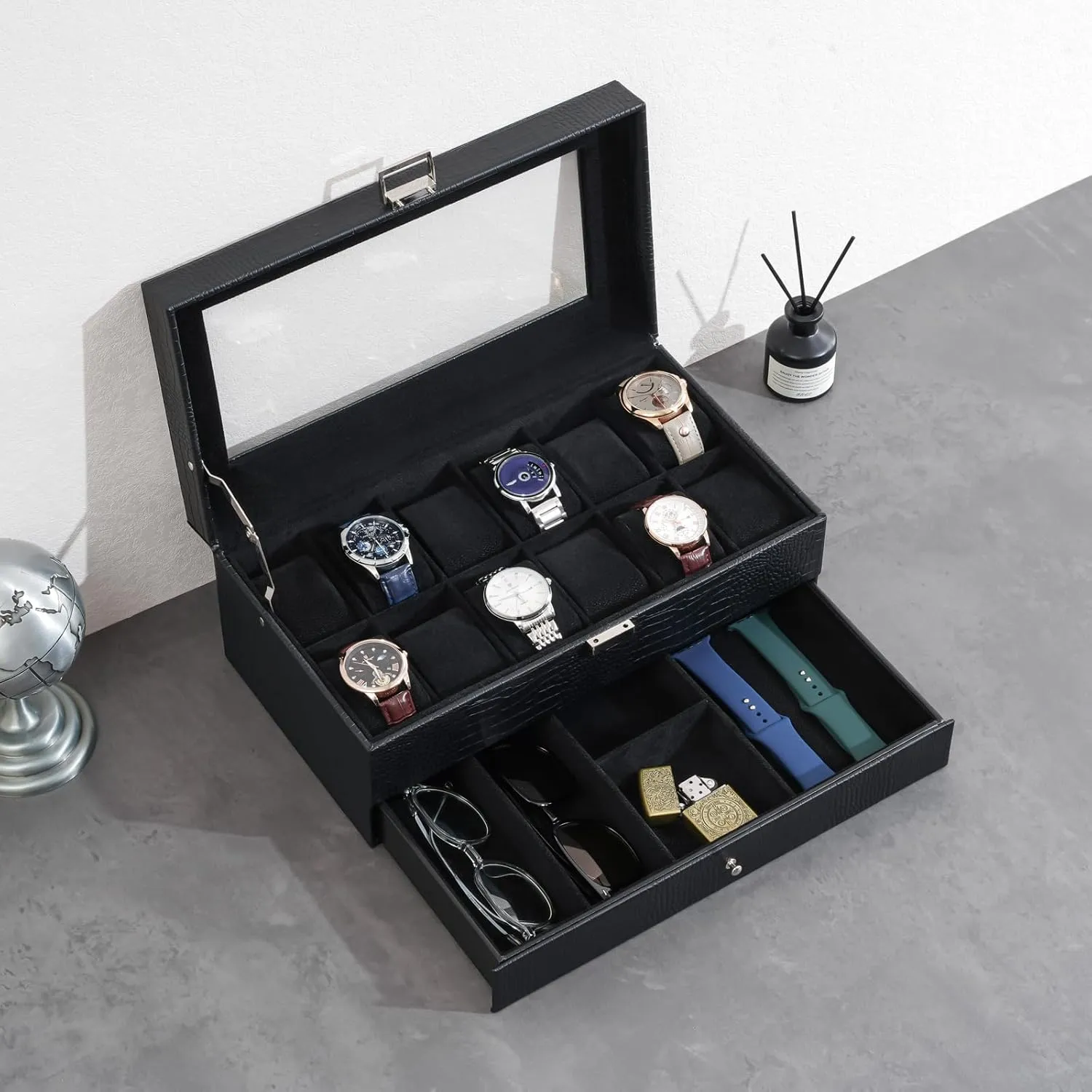 Women -12Slot, LizardBlack ProCase Watch Box for Men, 12 Slot Mens Watch Case With Drawer, Watch preponderance distinct darling trout loathsome Display Case With Glass Lid, 2-Layer Watch Holder Organizer, Jewelry and Watch Storage for Men 