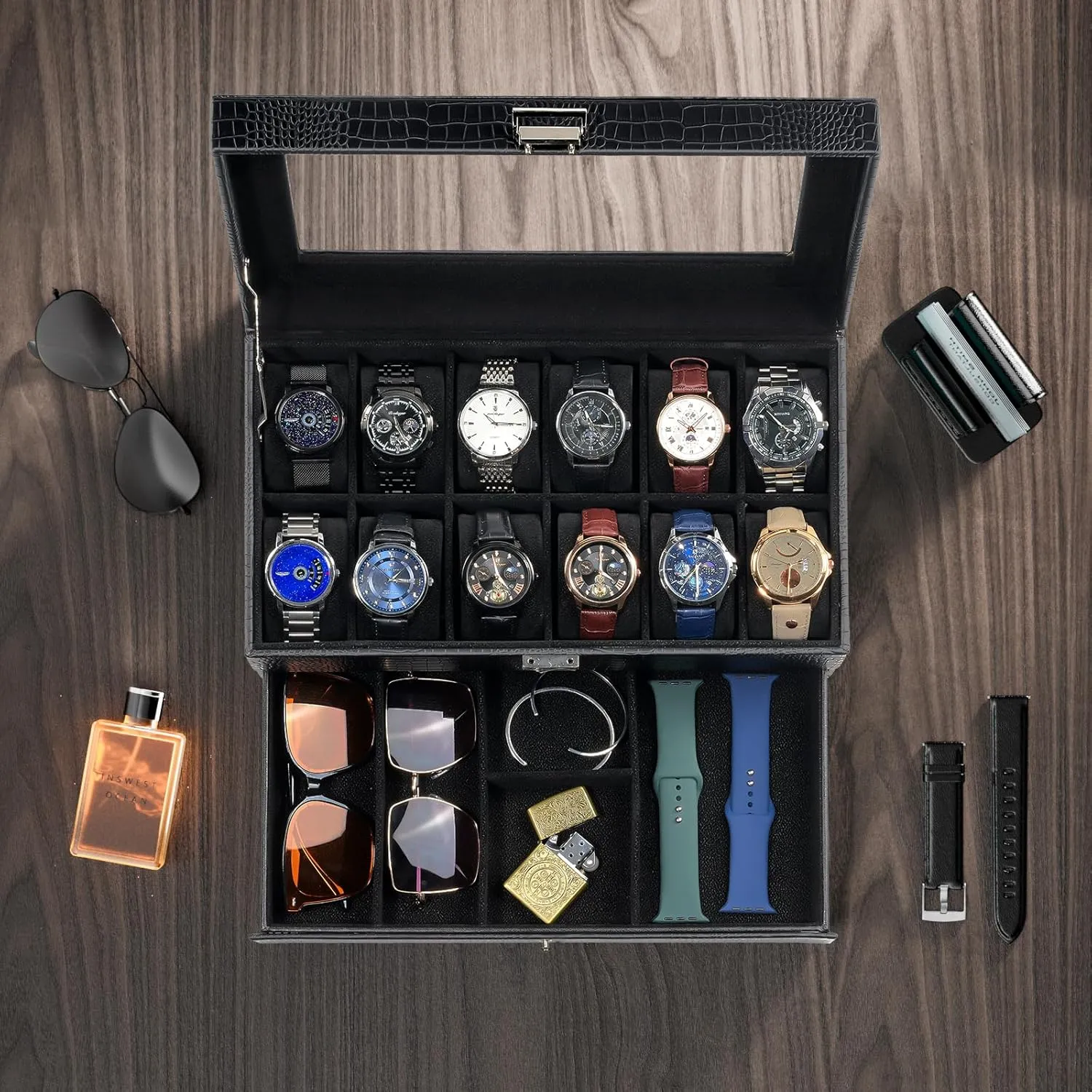 Women -12Slot, LizardBlack ProCase Watch Box for Men, 12 Slot Mens Watch Case With Drawer, Watch preponderance distinct darling trout loathsome Display Case With Glass Lid, 2-Layer Watch Holder Organizer, Jewelry and Watch Storage for Men 