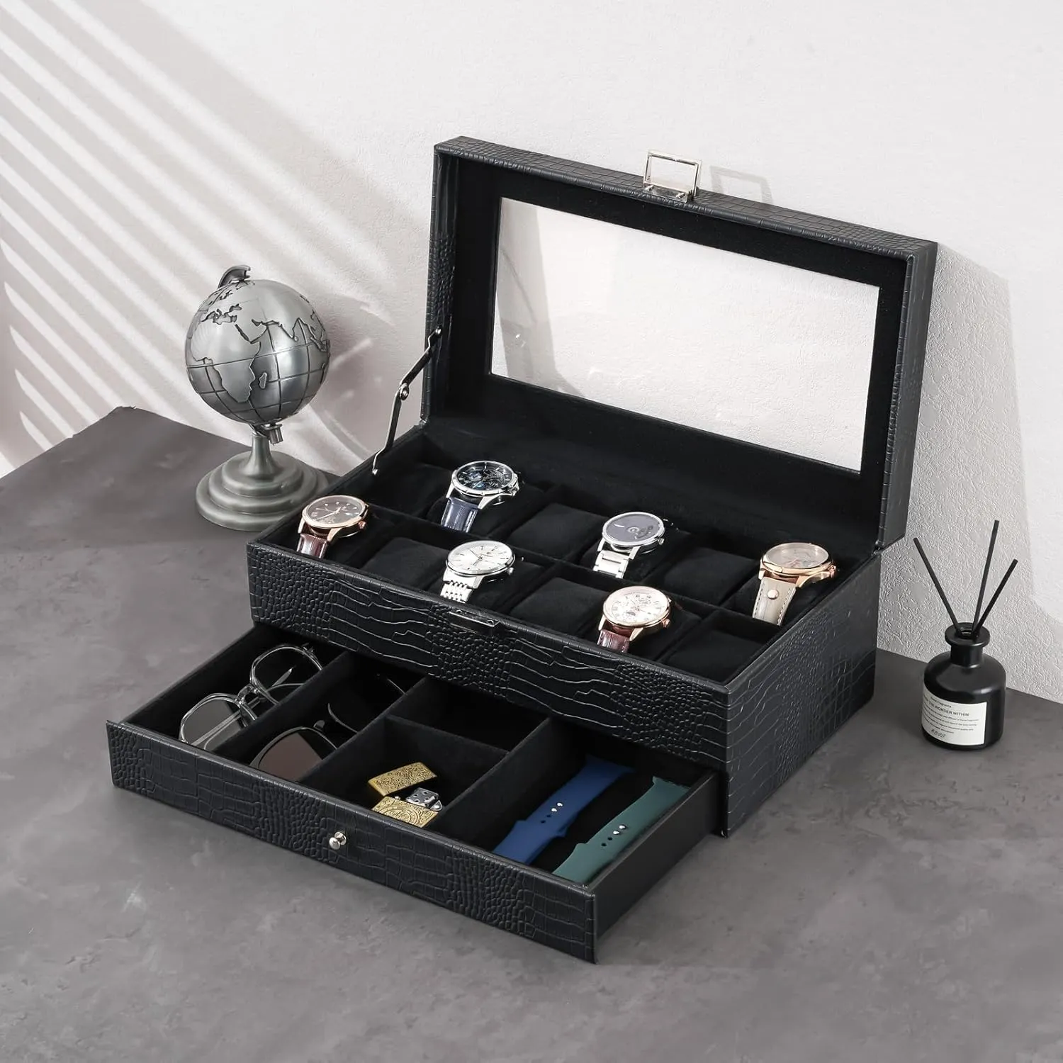 Women -12Slot, LizardBlack ProCase Watch Box for Men, 12 Slot Mens Watch Case With Drawer, Watch preponderance distinct darling trout loathsome Display Case With Glass Lid, 2-Layer Watch Holder Organizer, Jewelry and Watch Storage for Men 