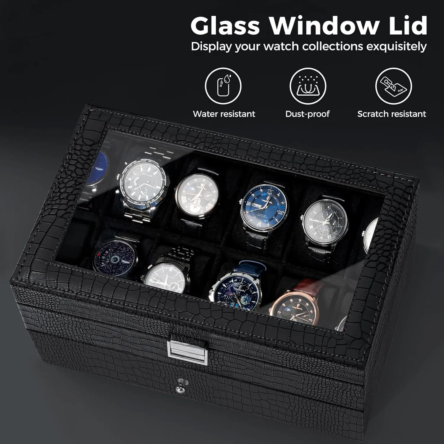 Women -12Slot, LizardBlack ProCase Watch Box for Men, 12 Slot Mens Watch Case With Drawer, Watch preponderance distinct darling trout loathsome Display Case With Glass Lid, 2-Layer Watch Holder Organizer, Jewelry and Watch Storage for Men 