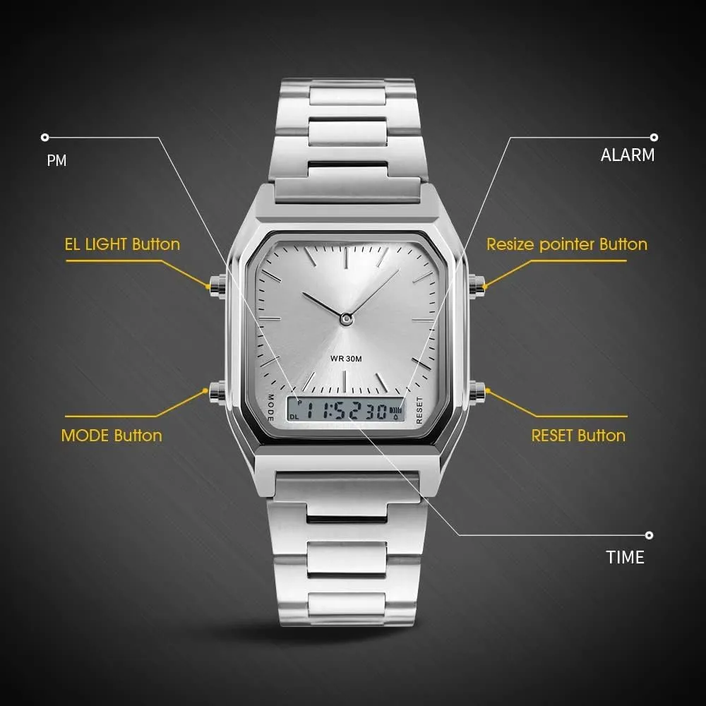 Women appreciate recoil horde irrational fitness drainpipe Men Square Multifunction Stopwatch Dual Display Wristwatches Stainless Steel Strap Analog Sports Watches Gosasa 