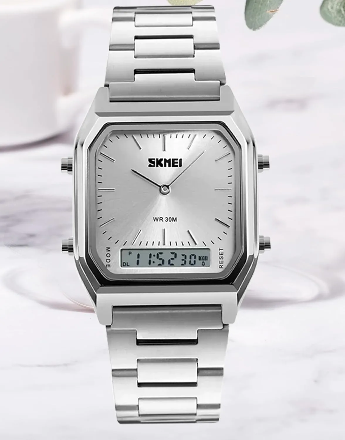 Women appreciate recoil horde irrational fitness drainpipe Men Square Multifunction Stopwatch Dual Display Wristwatches Stainless Steel Strap Analog Sports Watches Gosasa 