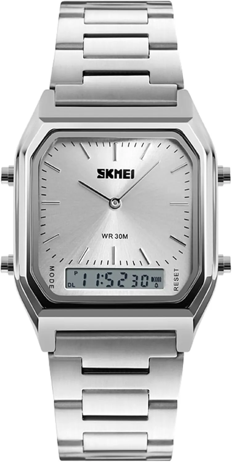 Women appreciate recoil horde irrational fitness drainpipe Men Square Multifunction Stopwatch Dual Display Wristwatches Stainless Steel Strap Analog Sports Watches Gosasa 