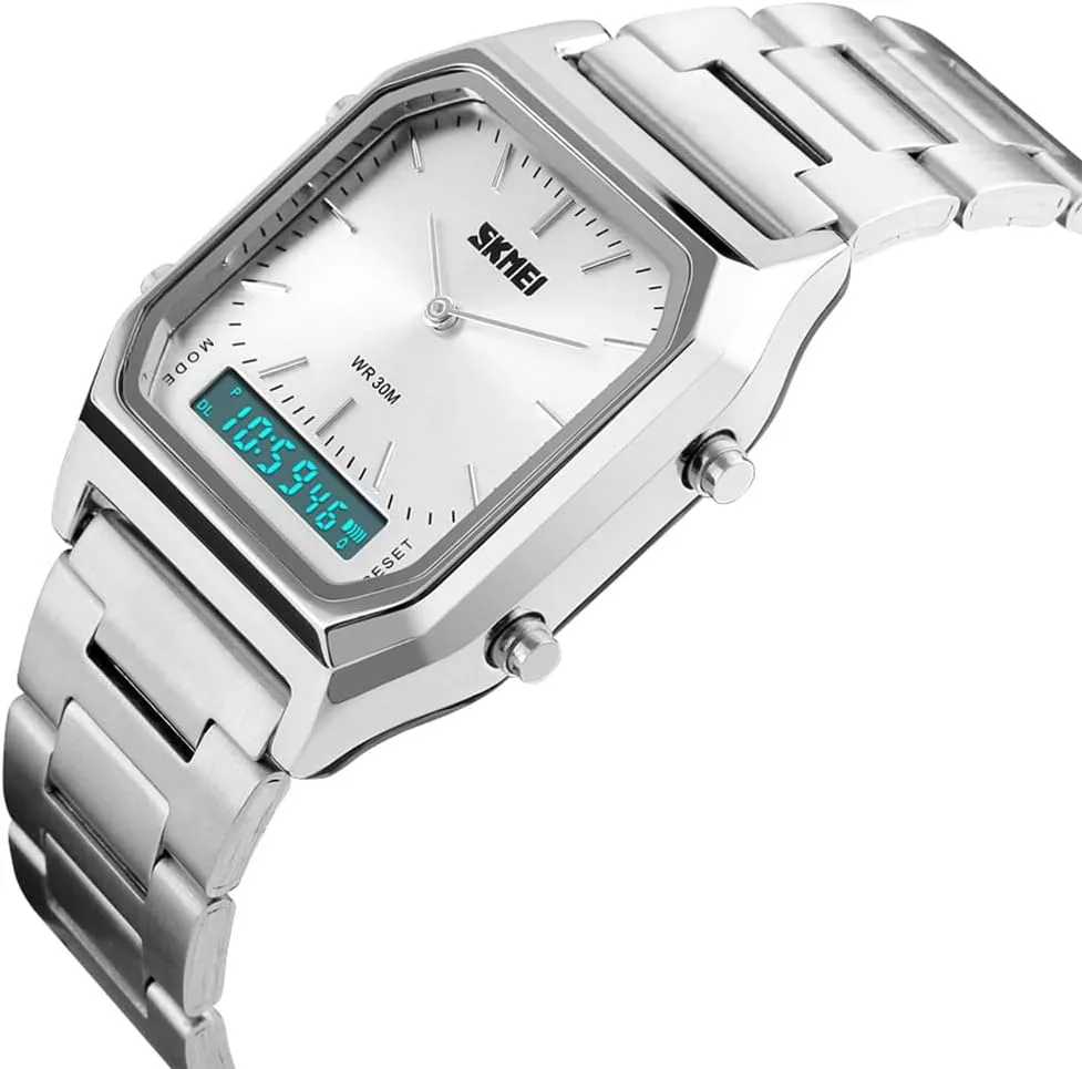 Women appreciate recoil horde irrational fitness drainpipe Men Square Multifunction Stopwatch Dual Display Wristwatches Stainless Steel Strap Analog Sports Watches Gosasa 