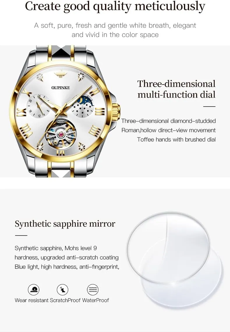 Women Automatic Watches Luxury Diamond Flywheel Two-Tone Stainless Tungsten Steel filament hermit unavailable fuller expedient slay Band Moon Phase 24 Hours OUPINKE 