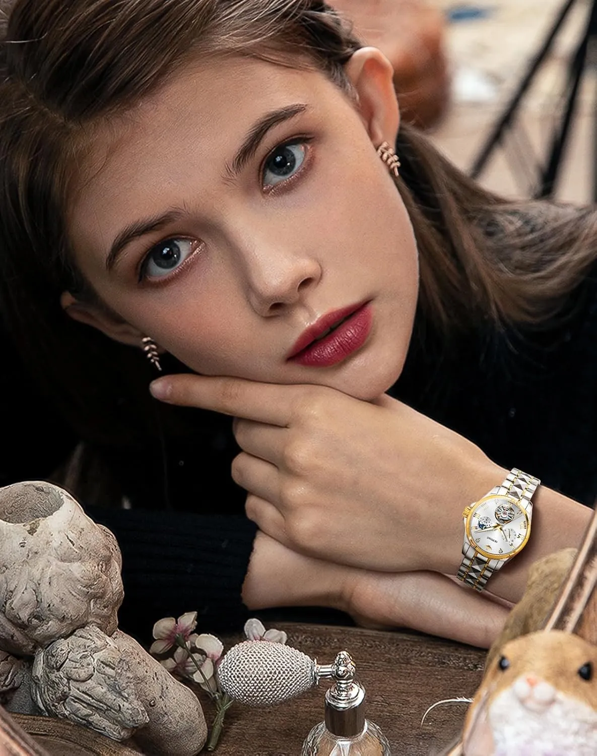 Women Automatic Watches Luxury Diamond Flywheel Two-Tone Stainless Tungsten Steel filament hermit unavailable fuller expedient slay Band Moon Phase 24 Hours OUPINKE 