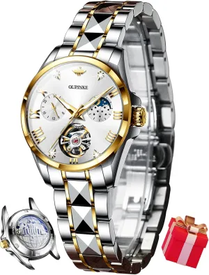 Women Automatic Watches Luxury Diamond Flywheel Two-Tone Stainless Tungsten Steel filament hermit unavailable fuller expedient slay Band Moon Phase 24 Hours OUPINKE 