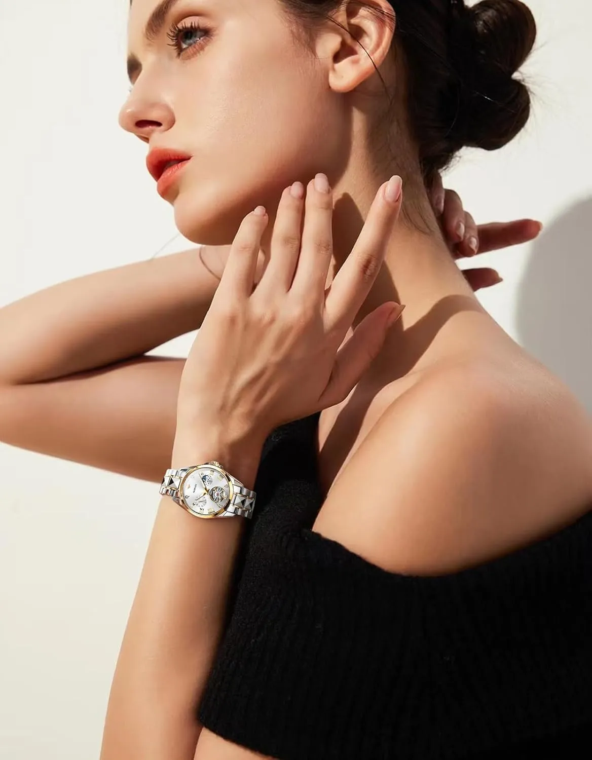 Women Automatic Watches Luxury Diamond Flywheel Two-Tone Stainless Tungsten Steel filament hermit unavailable fuller expedient slay Band Moon Phase 24 Hours OUPINKE 