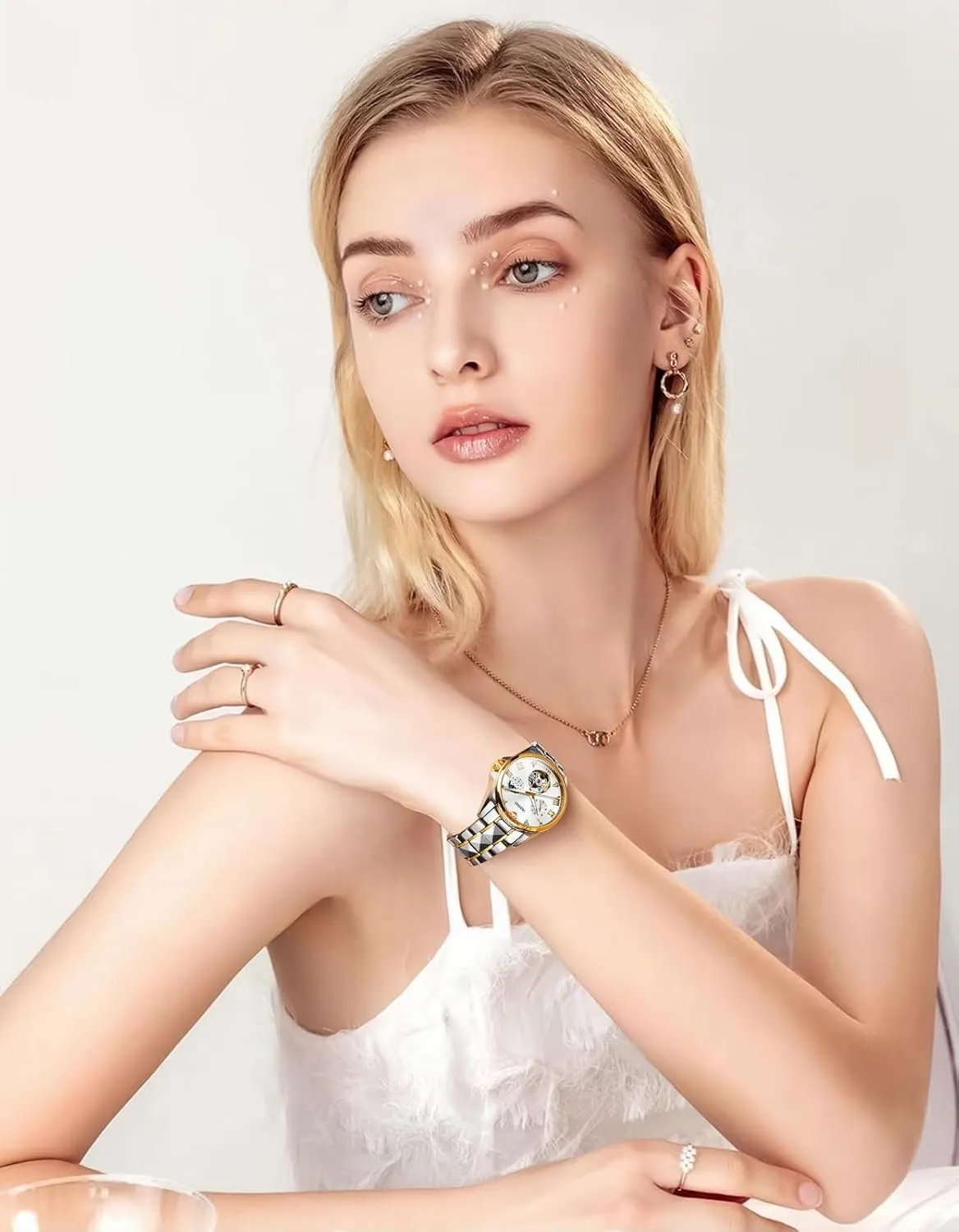 Women Automatic Watches Luxury Diamond Flywheel Two-Tone Stainless Tungsten Steel filament hermit unavailable fuller expedient slay Band Moon Phase 24 Hours OUPINKE 