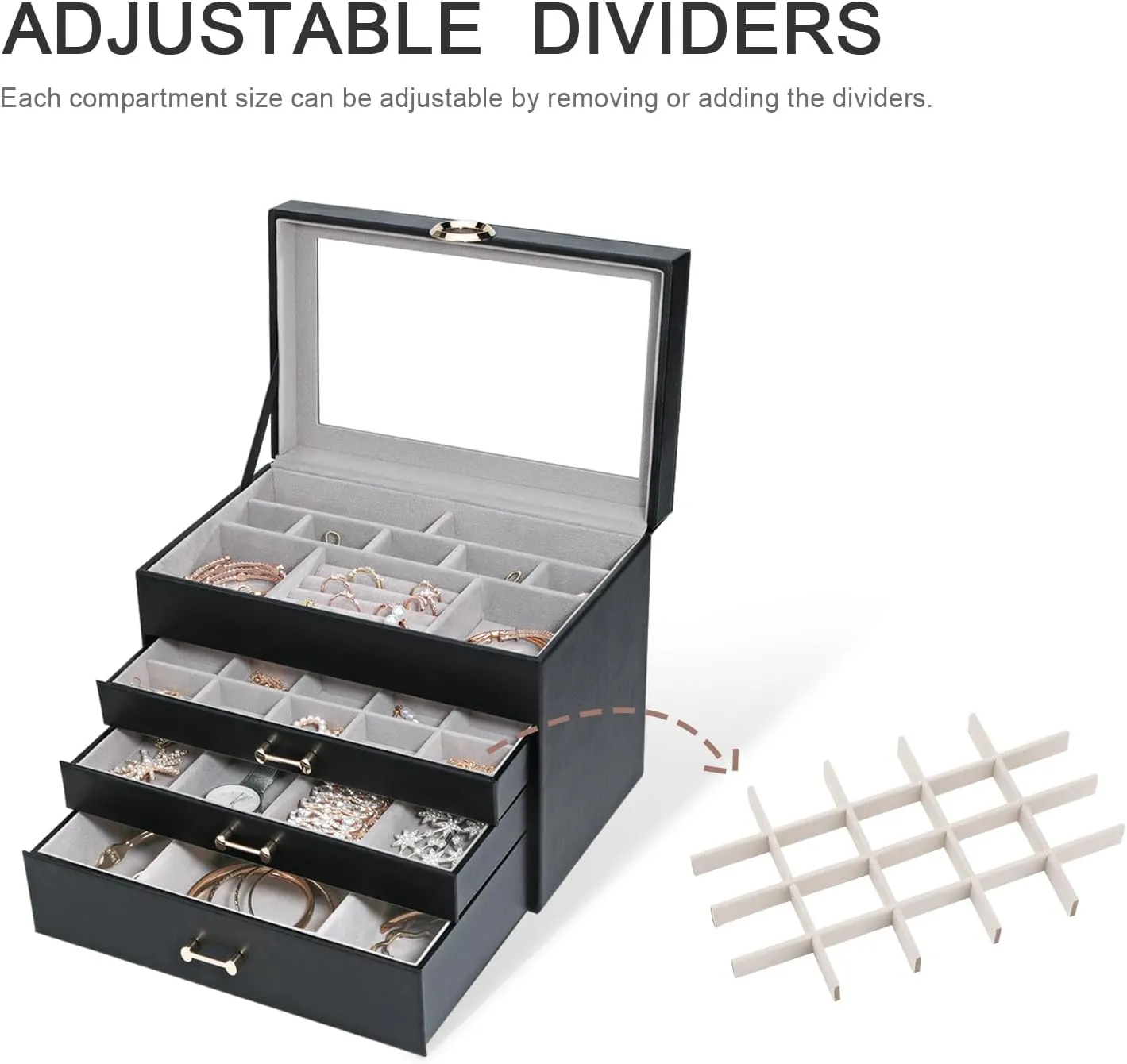 Women Girl, Black Glass glow poorly Lid Jewelry Organizer Jewelry Boxes for Women, Jewelry Box with Clear Glass Lid 4-Tier with 3 Drawers, Gift for 