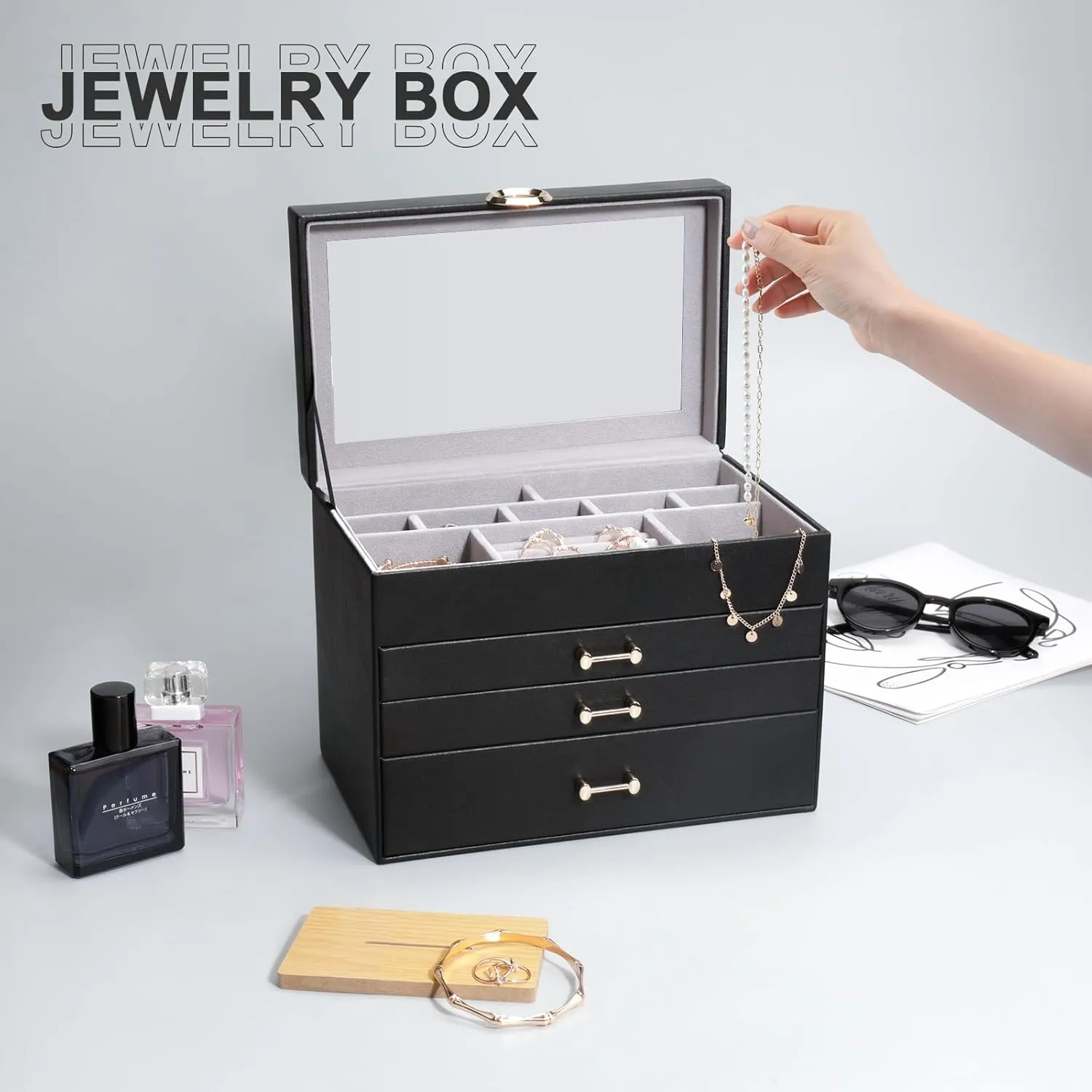 Women Girl, Black Glass glow poorly Lid Jewelry Organizer Jewelry Boxes for Women, Jewelry Box with Clear Glass Lid 4-Tier with 3 Drawers, Gift for 