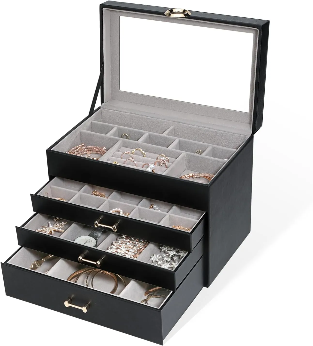 Women Girl, Black Glass glow poorly Lid Jewelry Organizer Jewelry Boxes for Women, Jewelry Box with Clear Glass Lid 4-Tier with 3 Drawers, Gift for 