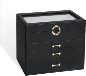 Women Girl, Black Glass glow poorly Lid Jewelry Organizer Jewelry Boxes for Women, Jewelry Box with Clear Glass Lid 4-Tier with 3 Drawers, Gift for 