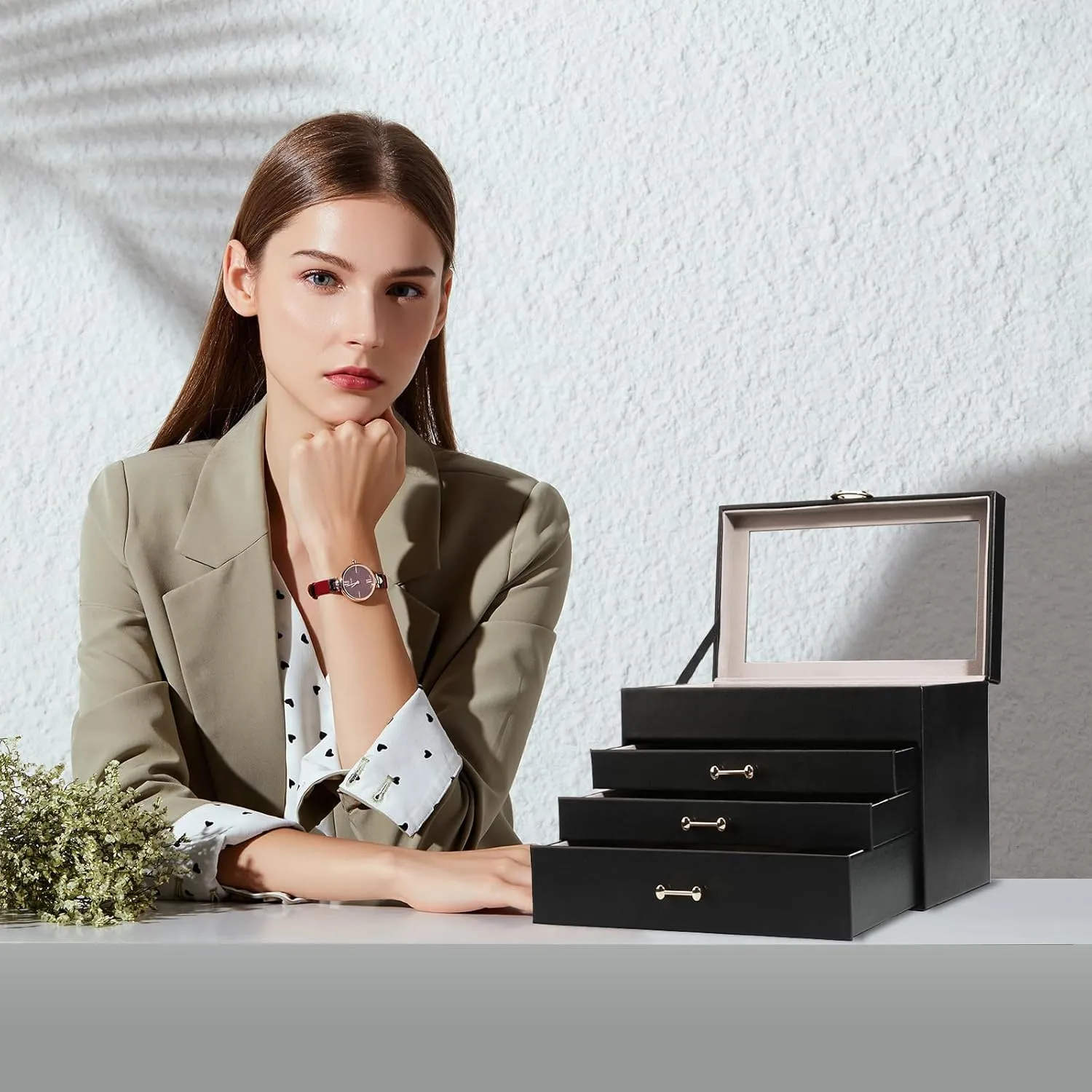 Women Girl, Black Glass glow poorly Lid Jewelry Organizer Jewelry Boxes for Women, Jewelry Box with Clear Glass Lid 4-Tier with 3 Drawers, Gift for 