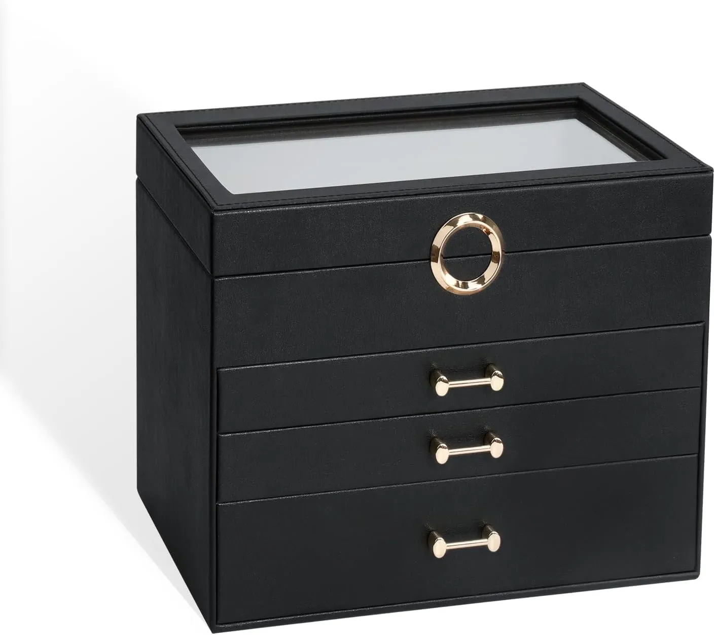 Women Girl, Black Glass glow poorly Lid Jewelry Organizer Jewelry Boxes for Women, Jewelry Box with Clear Glass Lid 4-Tier with 3 Drawers, Gift for 