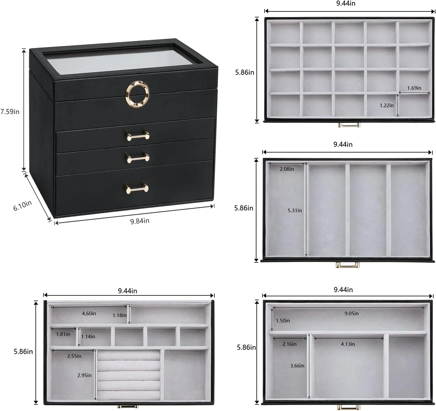 Women Girl, Black Glass glow poorly Lid Jewelry Organizer Jewelry Boxes for Women, Jewelry Box with Clear Glass Lid 4-Tier with 3 Drawers, Gift for 