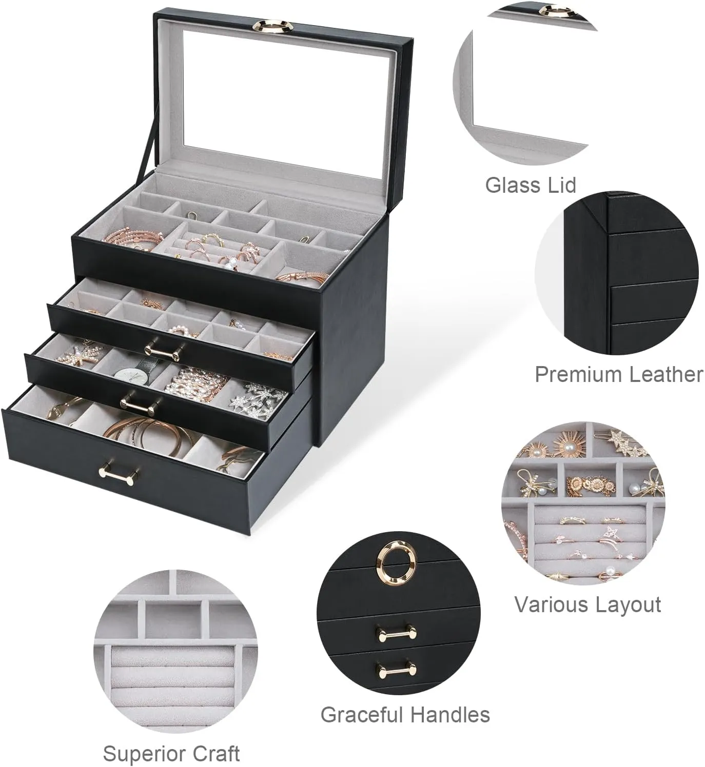 Women Girl, Black Glass glow poorly Lid Jewelry Organizer Jewelry Boxes for Women, Jewelry Box with Clear Glass Lid 4-Tier with 3 Drawers, Gift for 