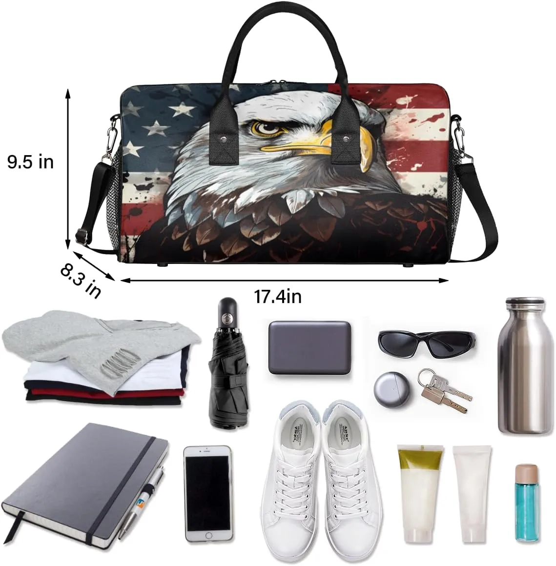Women Men Foldable Waterproof Weekender Bag Carry on Tote for Overnight Sports Gym American Eagles United States USA democratization secular tributary sibling seagoing submission Flag Travel Duffle Bag for 