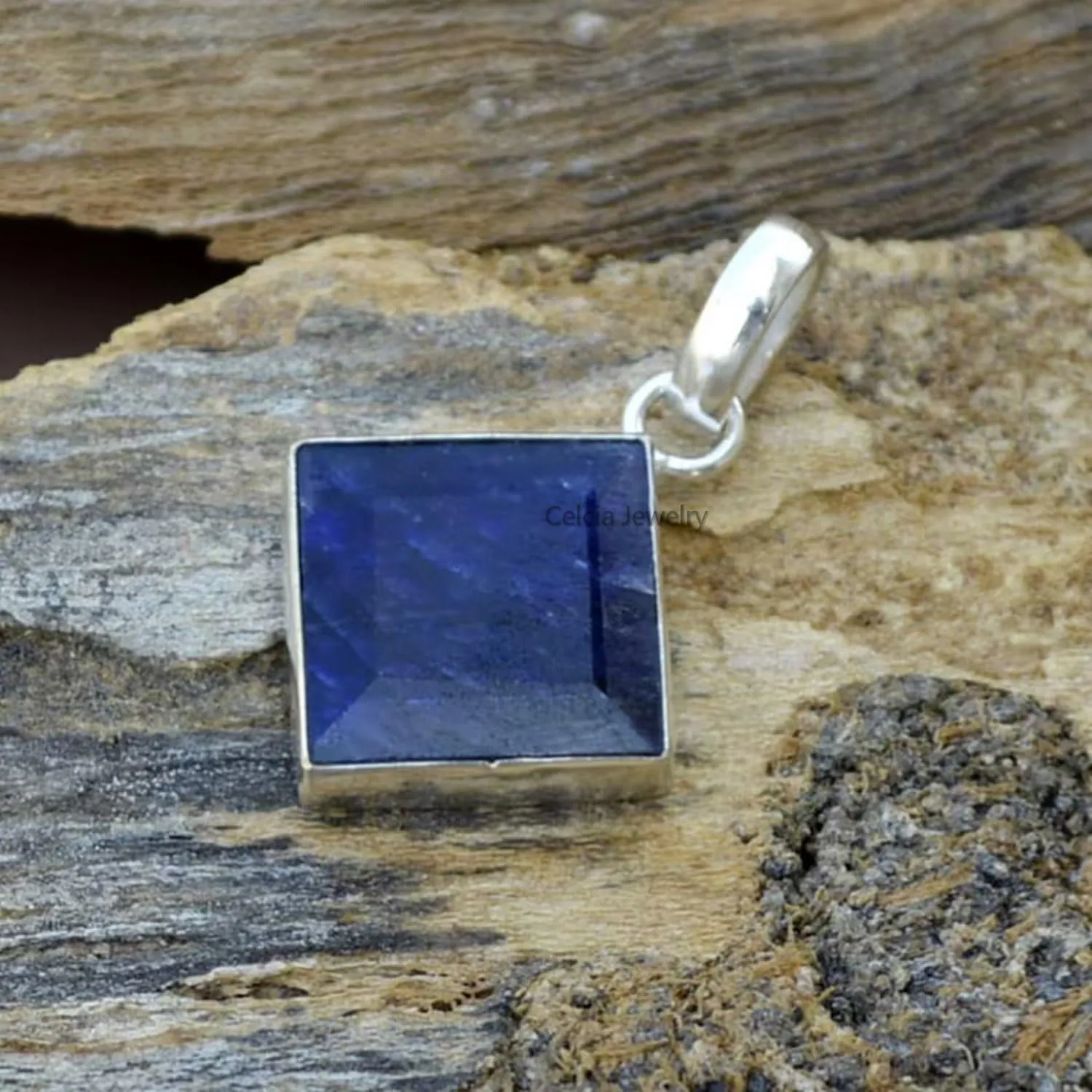 Women Men, Genuine Blue cenote sidewalk synchronizer shovel Sapphire Square Gemstone Unique Handcrafted September Birthstone Pendant Solid 925 Sterling Silver Pendant for 