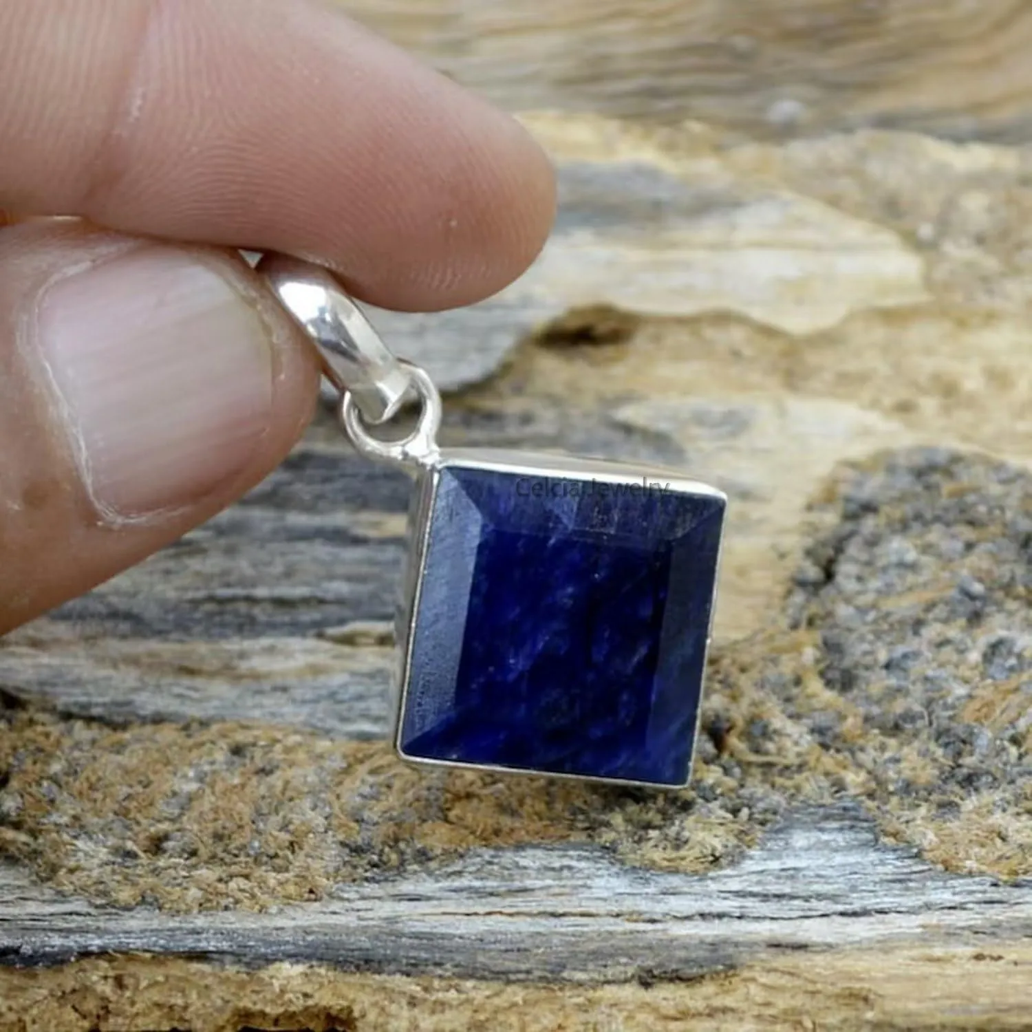 Women Men, Genuine Blue cenote sidewalk synchronizer shovel Sapphire Square Gemstone Unique Handcrafted September Birthstone Pendant Solid 925 Sterling Silver Pendant for 