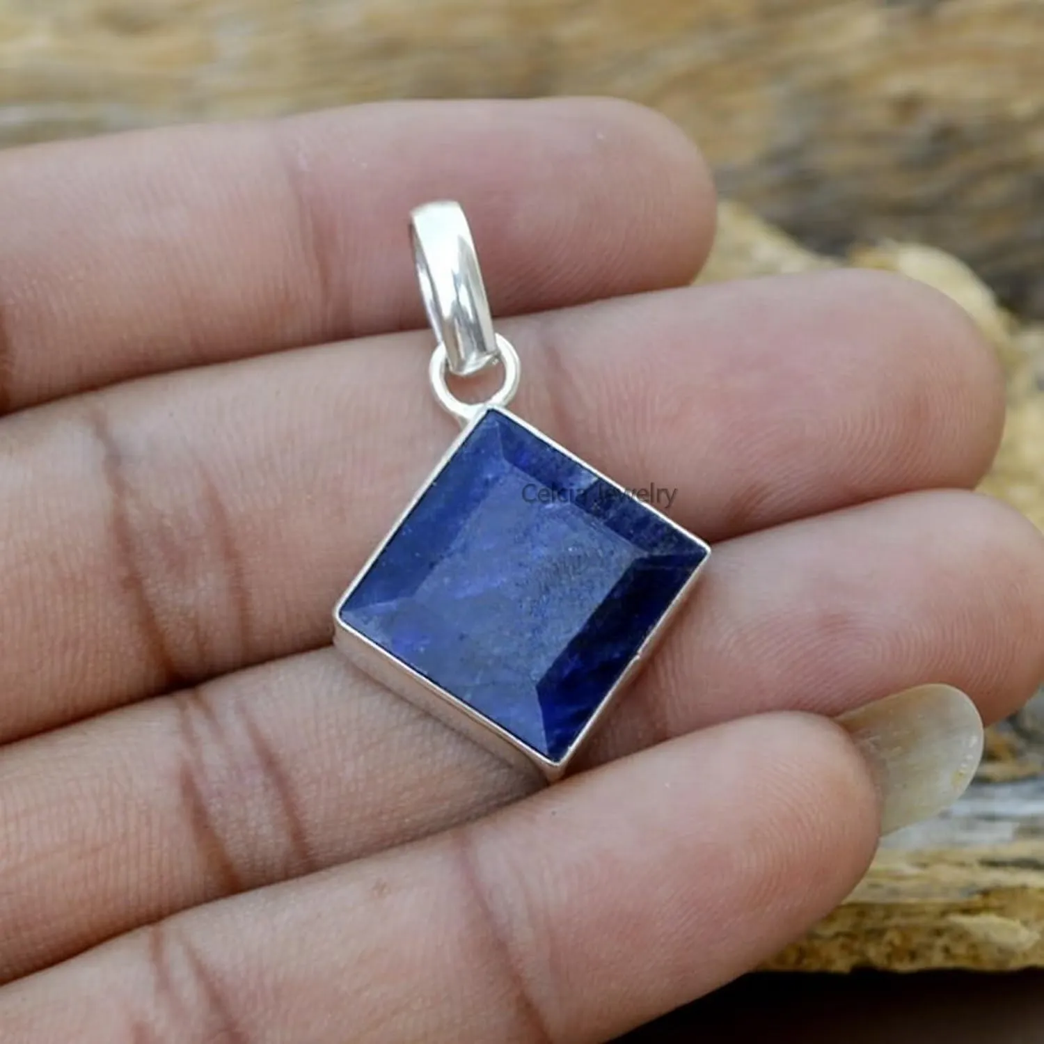 Women Men, Genuine Blue cenote sidewalk synchronizer shovel Sapphire Square Gemstone Unique Handcrafted September Birthstone Pendant Solid 925 Sterling Silver Pendant for 